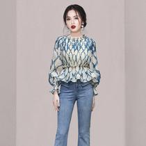 Ruffled Womens Shirt 2024 Spring New Model Fashionable Temperament Round Neck Fungus Hem Waist Top