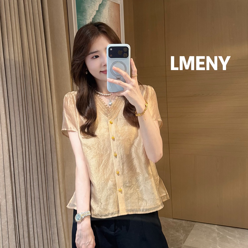 Mengjie Clothing [Qingzhu] Printed Blouse for Women, Summer 2026 New Style, Chinese Style V-Neck, Rayon with Subtle Pattern, Slimming Short Sleeves