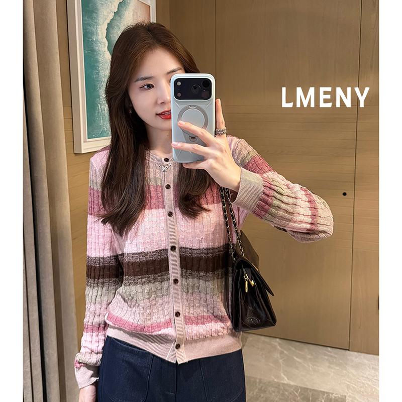 Mengjie [Color-Block Stripes] Autumn Dopamine! New Autumn/Winter Mulberry Silk + Sheep Wool Blend Knitted Cardigan