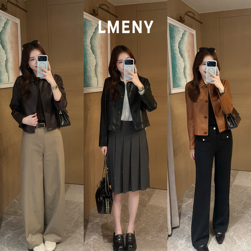Mengjie Clothing [Amber Leather Jacket] Protein Leather Jacket for Women 2026 Autumn New Vintage Turn-Down Collar Leather Jacket