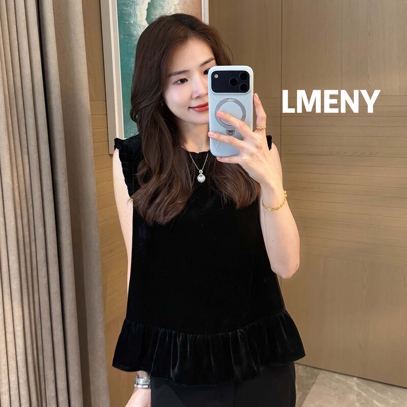 Mengjie Clothing [Silk Language] Velvet Top for Women 2026 Summer New Slimming Everyday Round Neck Sleeveless Blouse