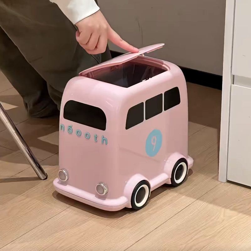 Bus-Shaped Trash Can for Home Decoration, Narrow Gap Press-Type Movable Macaron Cute Wastebasket for Bathroom