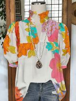 Floral Print Top Pleated V-neck Blouse Puff Sleeve Shirts