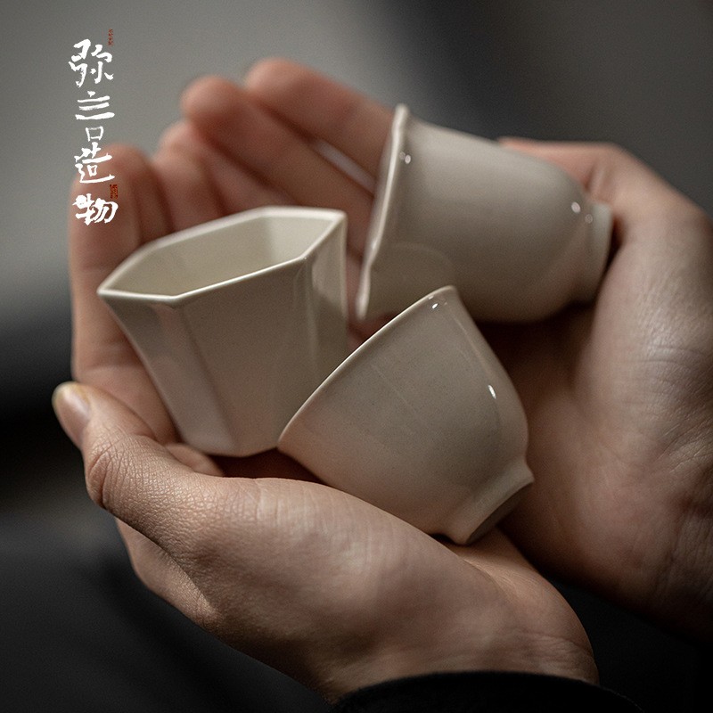 草木灰釉纯色茶杯三足仿宋主人杯家用中式手工陶瓷品茗杯功夫茶具