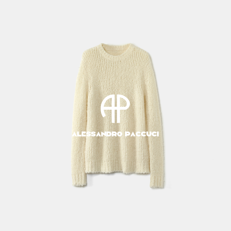 Ap Luo Ge [Cream Bubble] 100% Wool Round Neck Fashion Casual Versatile Simple Pullover Sweater 64243St