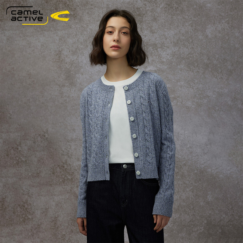 German Camel Dynamic Women's Clothing Autumn and Winter New Fashion Short 100% Wool Sweater Cable Knit Cardigan