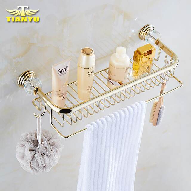European-style all-copper gold crystal light luxury net basket, towel rod with hook bathroom, bathroom storage rack