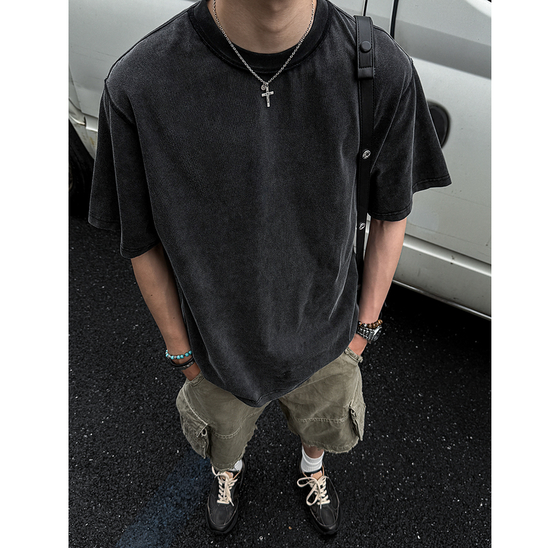 Mancher's "Reverse Aesthetics" 270g Washed Vintage Short-Sleeve Men's Summer Loose Pure Cotton Small Neckline T-Shirt Trendy