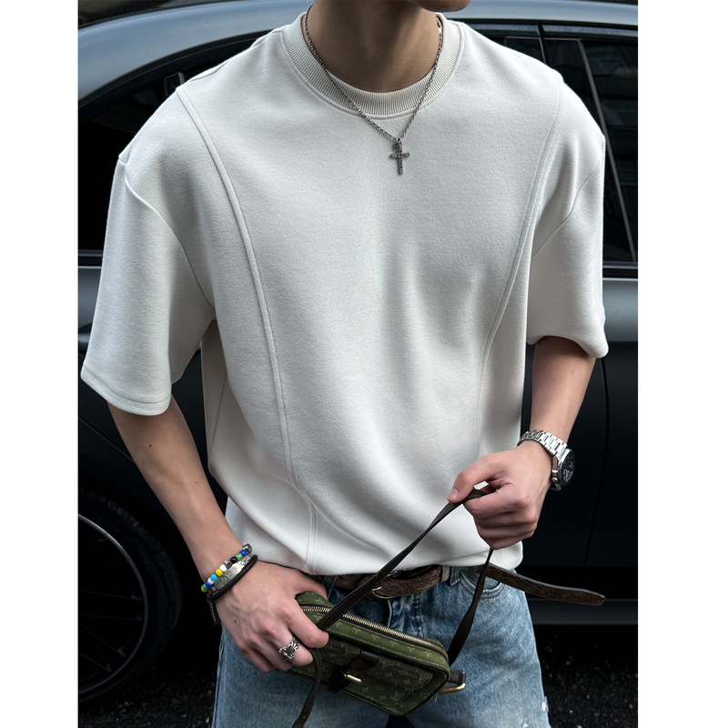 Mancher Stereo Cutting and Deconstruction Design 320g Anti-Wrinkle Micro-Elastic Short-Sleeved T-Shirt for Men, Summer Loose Half-Sleeved Trendy Style