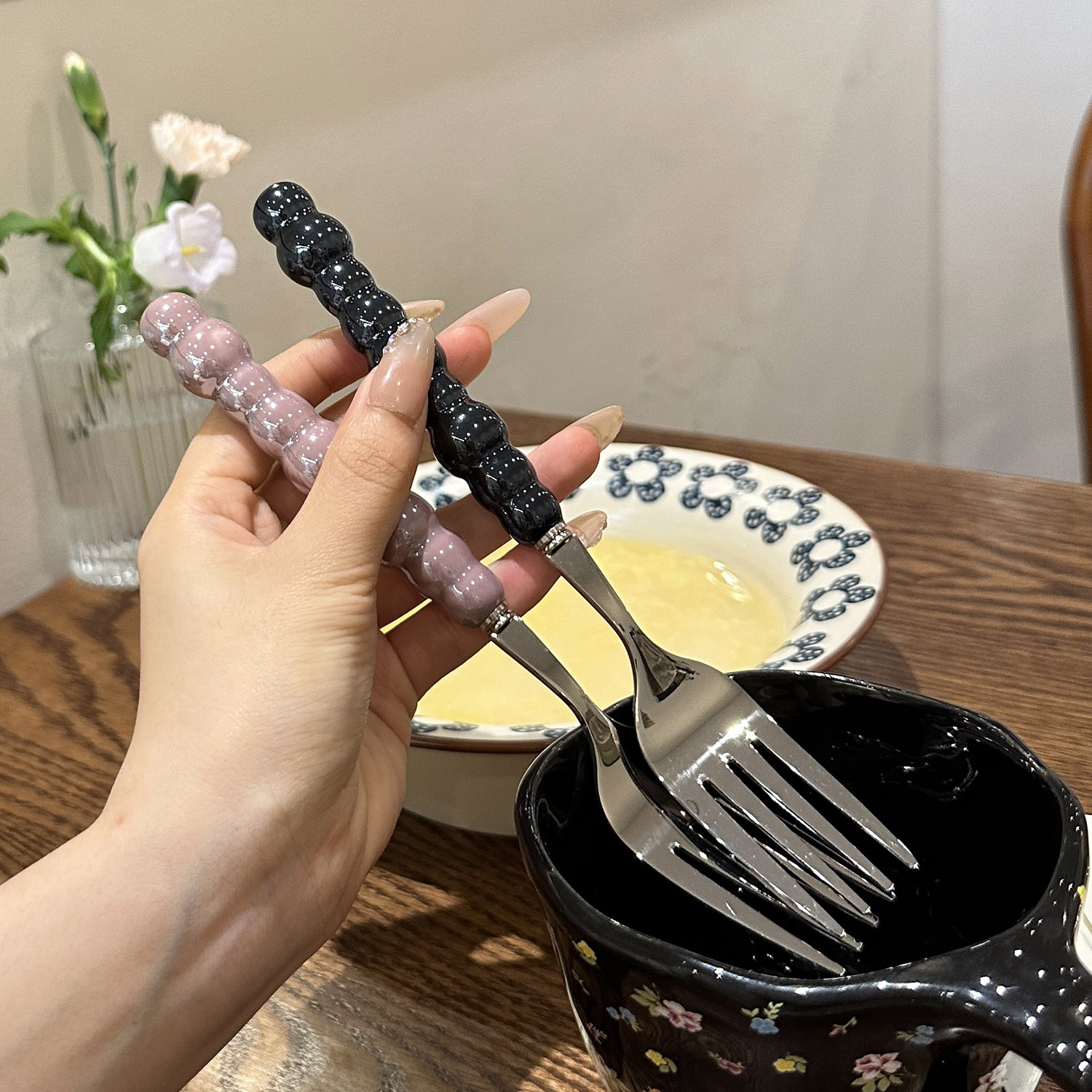 [韓国外]高級ウエスタンフォーク304ステンレススチール高級サラダフォークフルーツフォークケーキフォークセラミックハンドル