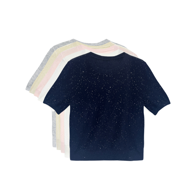 【Orange Cottage】626171 Starry Sequin Yarn Round Neck Short Sleeve Knitted T-Shirt Spring/Summer Women's Elegant Light Luxury Fashion