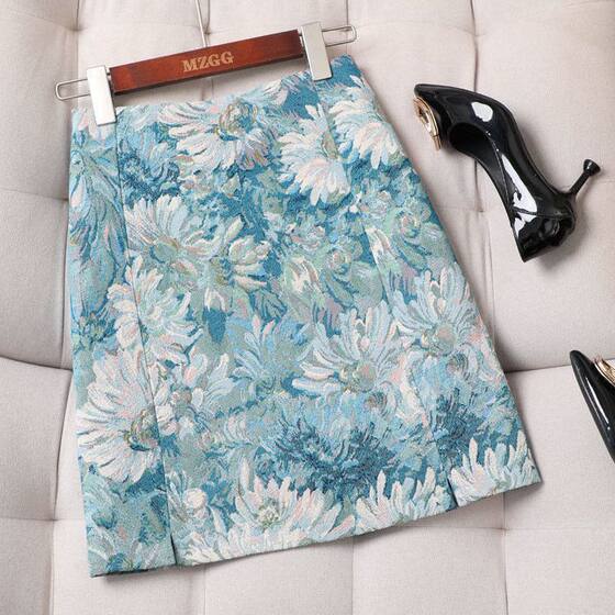 Oil painting flower skirt skirt flower skirt high waist retro style slit A-line skirt floral skirt covering the hips