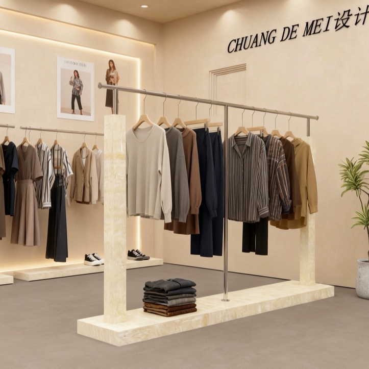 Floor-Standing Stainless Steel Perforated Stone Clothing Rack for Women's Clothing Store, Island Display Shelf, Simple Display Props