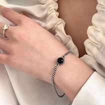 Yinruitai s925 sterling silver black agate bracelet round plate retro old trendy high-end light luxury Cuban chain commuting style