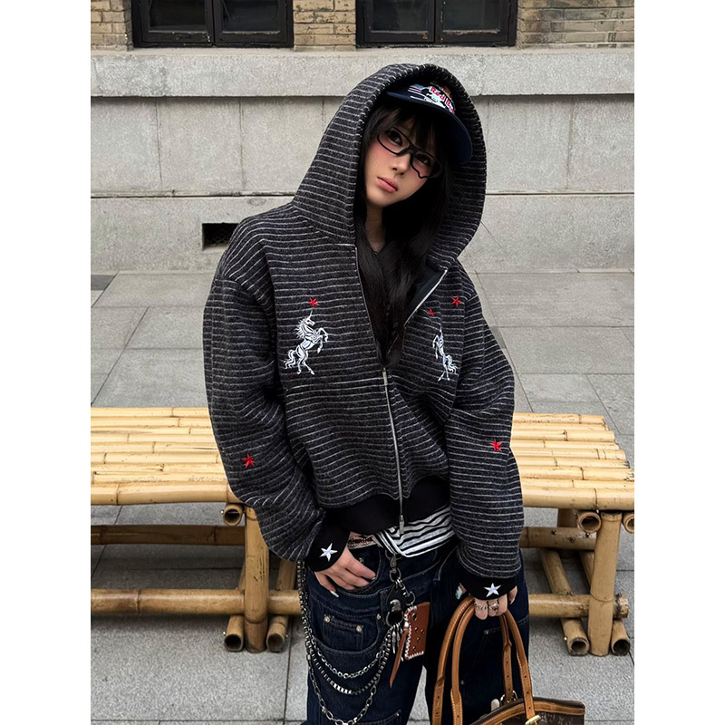 American-Style Street Striped Jacket for Women, Autumn Red Star Unicorn Embroidered Hooded Sweatshirt, Heavyweight Loose Versatile Top