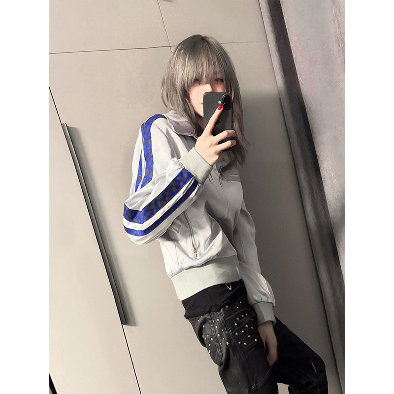 Visual Style Stand-Up Collar Straight Shoulder Jacket for Women, Early Autumn Satin Blue Striped Short Jacket, Street Subculture Top Visual Style Stand-Up Collar Straight Shoulder Jacket for Women, Early Autumn Satin Blue Striped Short Jacket, Street Subculture Top