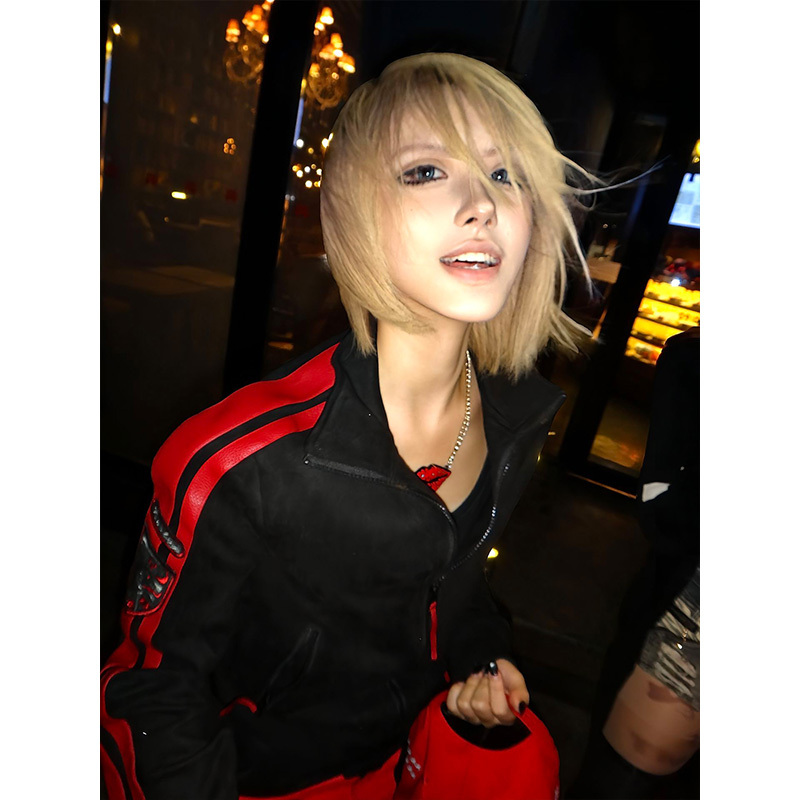 Y2K Subculture Stand-Up Collar Jacket for Women, Autumn Red Striped Patchwork Visual Style Coat, Street Style Slim Fit Top Y2K Subculture Stand-Up Collar Jacket for Women, Autumn Red Striped Patchwork Visual Style Coat, Street Style Slim Fit Top