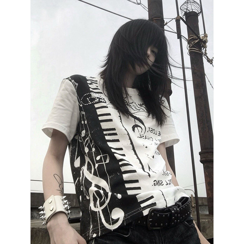 Y2K Light Asian Style Slim Fit Straight Shoulder Short Sleeve Women's Summer Rhinestone Musical Note Print Half Sleeve T-Shirt Visual Style Petite Top
