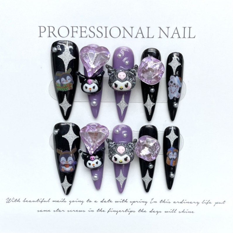 Kuromi Wearable Nail Art for Children, Students, Girls, Handmade Sanrio Long Cute Cartoon Nails, Short Style Kuromi Wearable Nail Art for Children, Students, Girls, Handmade Sanrio Long Cute Cartoon Nails, Short Style