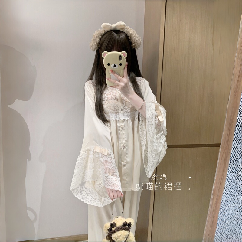 Milk Meow's "Dream Weaver" Gentle and Sweet Lace Ice Silk Pajamas for Women, Embroidered Spring and Summer Long-Sleeved Long Pants Loungewear Set