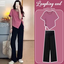 Maternity Summer Suit Fashionable and Fashionable Large Size Cotton T-shirt Top Wide Leg Pants Two-piece Set 2024 New Style
