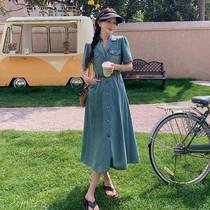 Denim dress for women 2024 summer new French retro waist slimming denim long skirt neat and capable