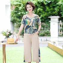 2024 new mom summer two-piece wide-leg pants 50 and 40-year-old middle-aged and elderly womens summer style short-sleeved suit