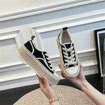 Xiaoxiangfeng thick-soled fisherman canvas shoes for women 2022 spring new retro womens shoes hemp rope cloth shoes biscuit white shoes