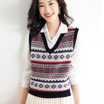 New high-quality wool blended 2024 spring new womens loose v-neck retro ethnic style short waistcoat knitted