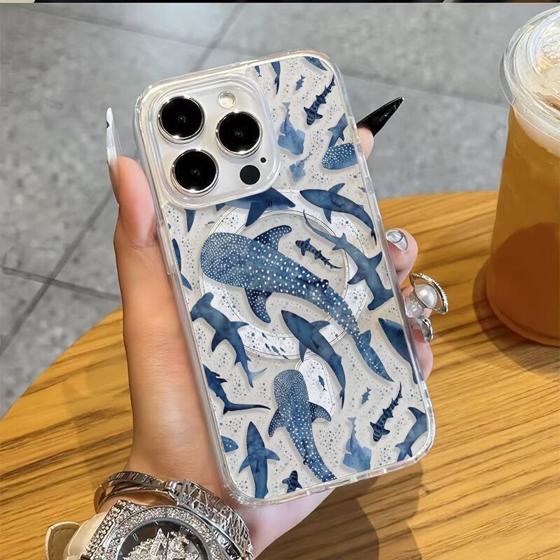 Shark and Blue Whale Design Suitable for Samsung S26 Ultra Phone Case, S23/S25 Edge Transparent Magnetic Case, S24+ Personalized New Style, S22 Trendy Brand, 21 Simple A56 A55 A57 A37 Protective Case, Z-Fold7