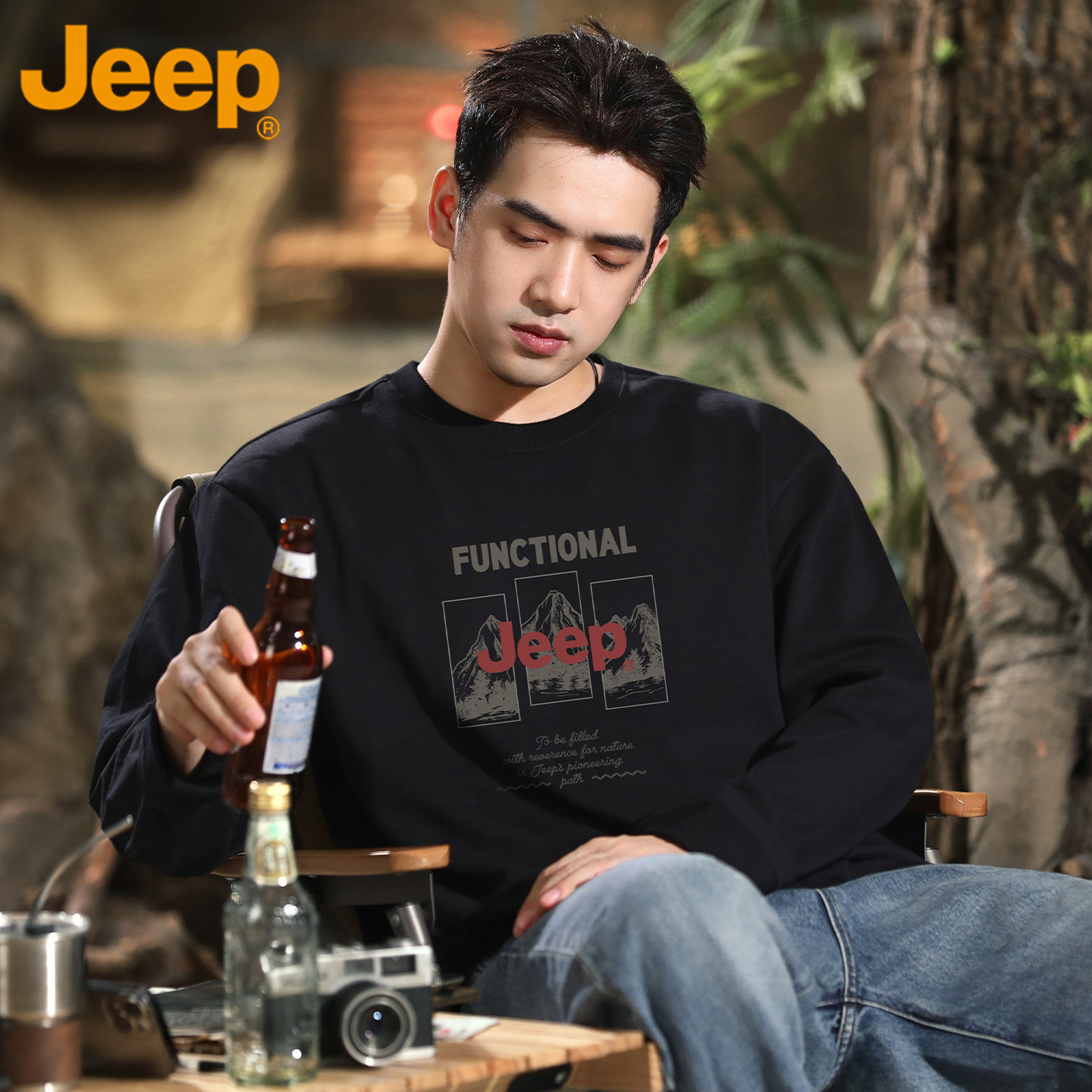 Áo thun dài tay chất liệu cotton nguyên chất kiểu Mỹ JEEP/JEEP dành cho nam mùa xuân thu, dáng rộng, phong cách cá tính, áo thun cổ tròn