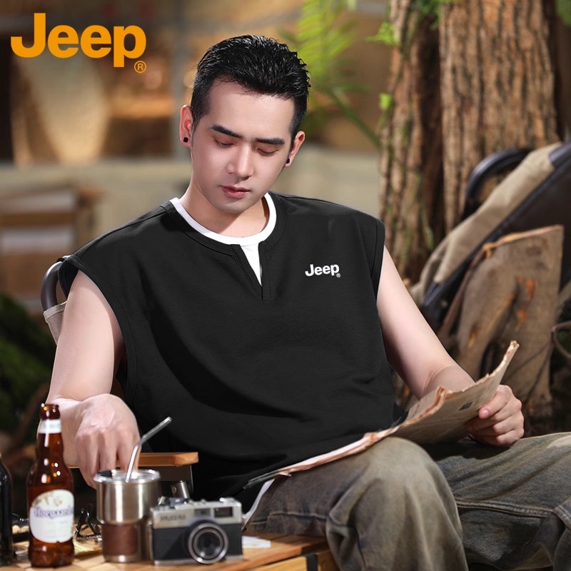Jeep/Jeep Fake Two-Piece V-Neck Sleeveless Vest T-Shirt for Men, Summer Trendy Cool and Handsome Tank Top Fitness Top