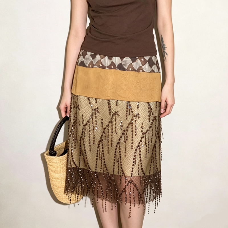 Lily Song Retro Coffee-Colored Color-Blocked Light Luxury Sequin Tassel Vintage Skirt, Elegant and Slimming Midi Skirt