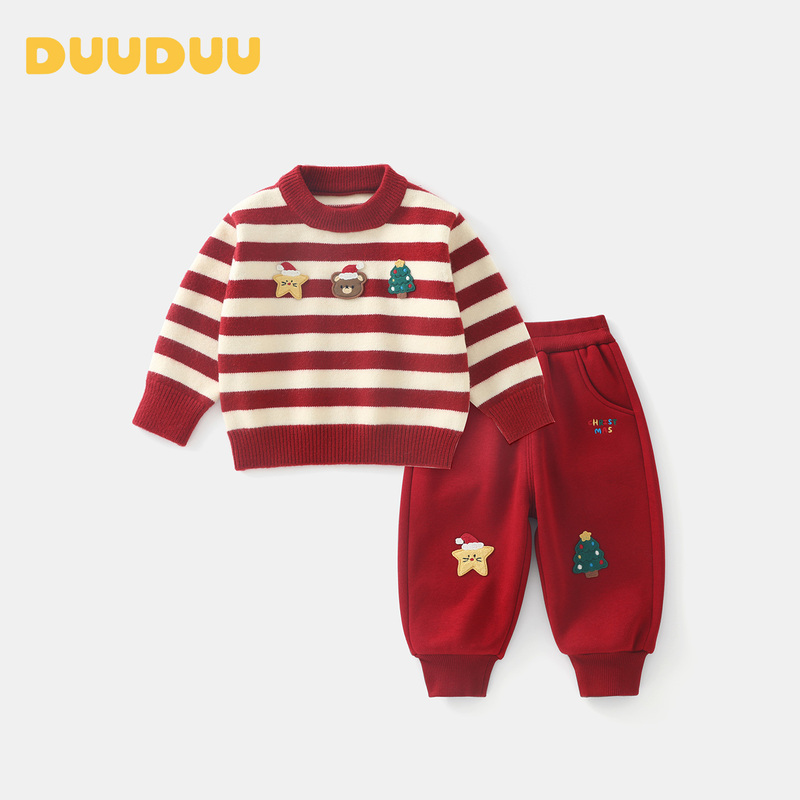 Duuduu Baby Sweater Set Autumn and Winter Kidsren's Knitted Top Christmas Clothes Cartoon Fleece-Lined Pants Two-Piece Set