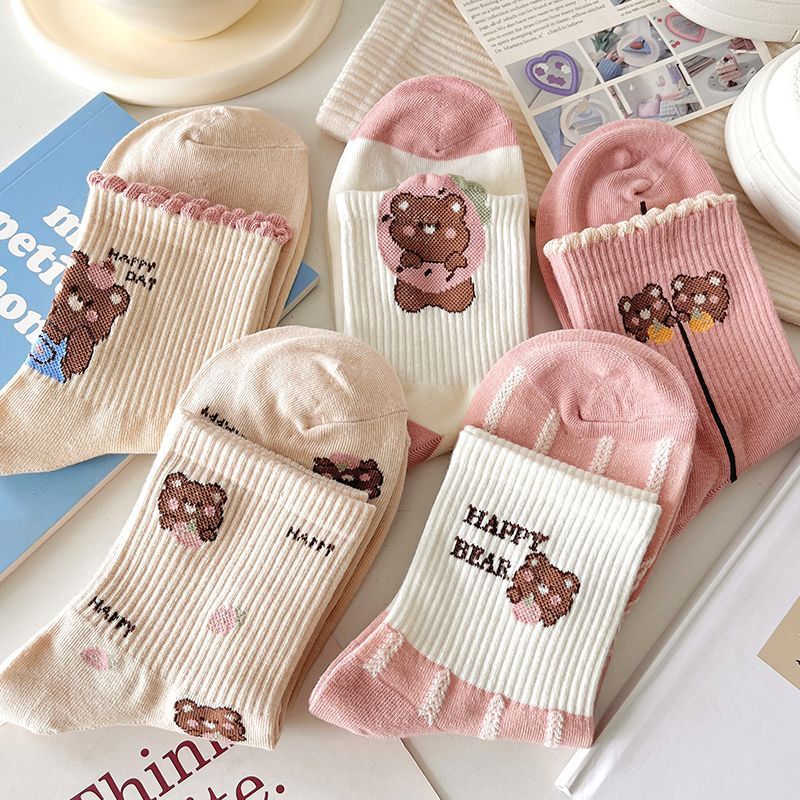 Cartoon Cute Bear Mid-Calf Socks for Women with Striped Patchwork and Letter Print, Slouchy Socks, Cute Student Socks