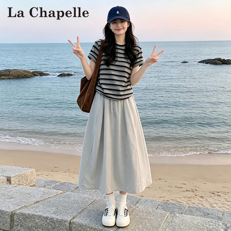 La Chapelle Retro Striped T-Shirt Half-Dress for Women, Summer Thin Style, Petite Korean Style Outfit Set