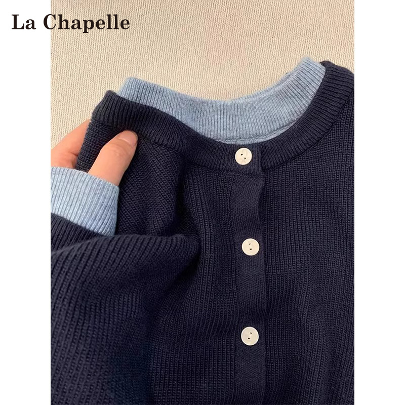 La Chapelle High-End Sweater for Women, Autumn and Winter, Navy Blue, Lazy and Loose, Fake Two-Piece Inner Knit Top