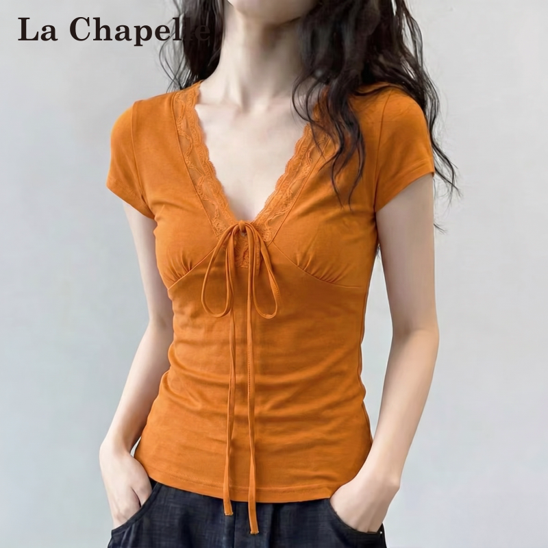 La Chapelle Pumpkin Orange V-Neck Regular Shoulder Short-Sleeve T-Shirt for Women, Summer 2026 New Age-Reducing Top, Dopamine Shirt