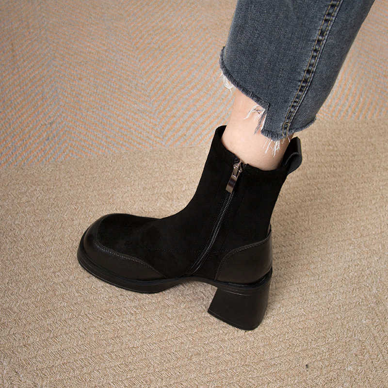 Fashion Short Boots for Women 2025 Spring and Autumn New Slim Boots Thick-Soled Black Martin Boots Chunky Heel Elastic High-Heeled Single Boots