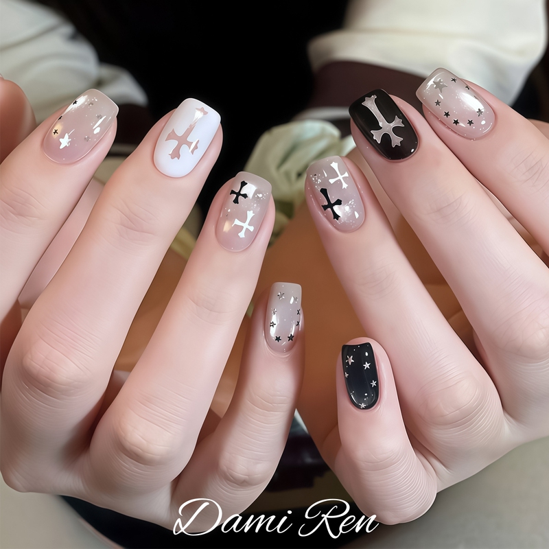 【Cross Star Tracks】Sweet and Cool Cross Black and Pink Contrast Star Handmade Glass Beads Cat Eye Personalized Nail Art Stickers
