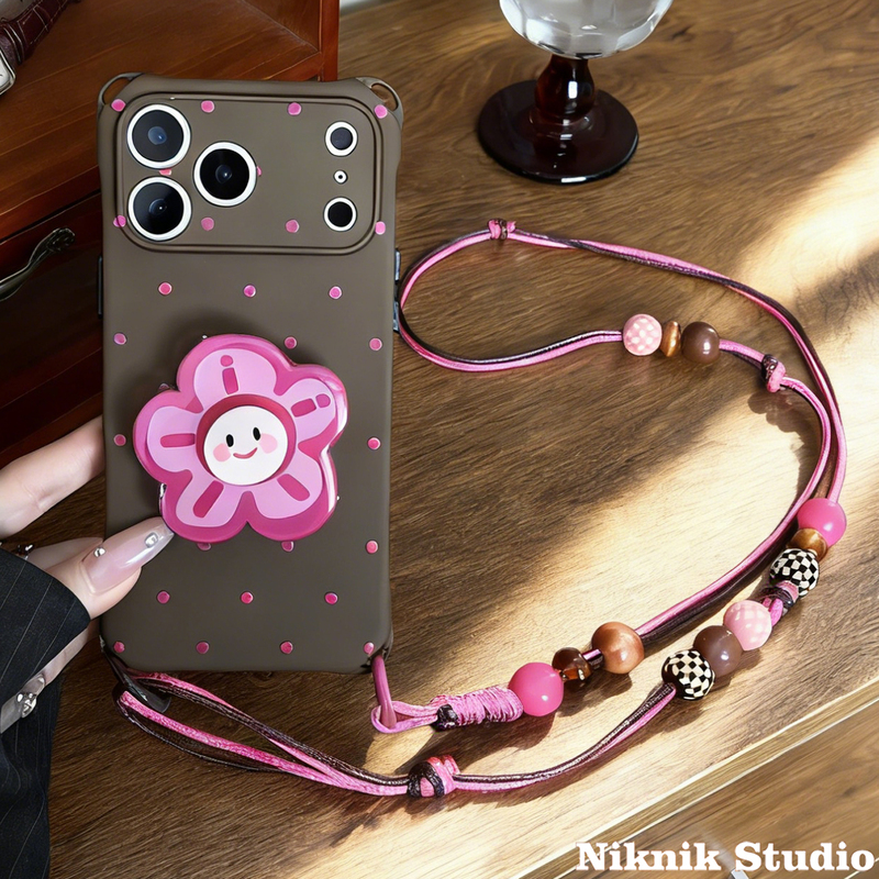 Rotating Smiley Face Rose Red Polka Dot Flower Stand Suitable for Huawei Pura80 Mate70 Lanyard Four-Hole Phone Case Apple 17 Pro Max Crossbody 16 Xiaomi 15 Wrist Strap 14 13