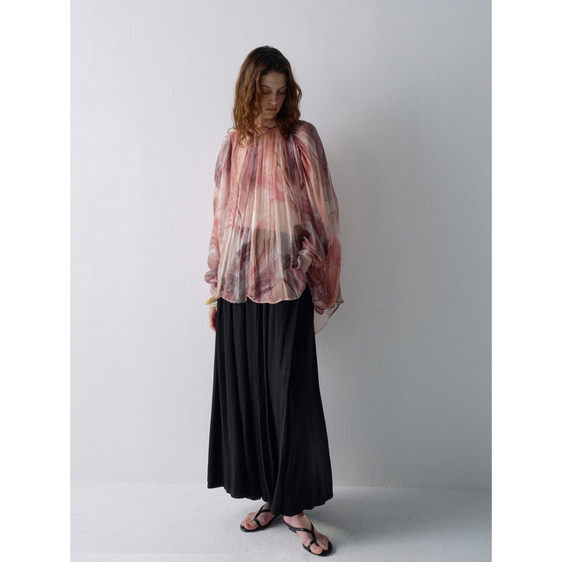 Avanehood 《Spiral Ripple》 Sheer Printed Blouse for Women, High-End See-Through Gradient Loose Pleated Vacation Top Avanehood 《Spiral Ripple》 Sheer Printed Blouse for Women, High-End See-Through Gradient Loose Pleated Vacation Top