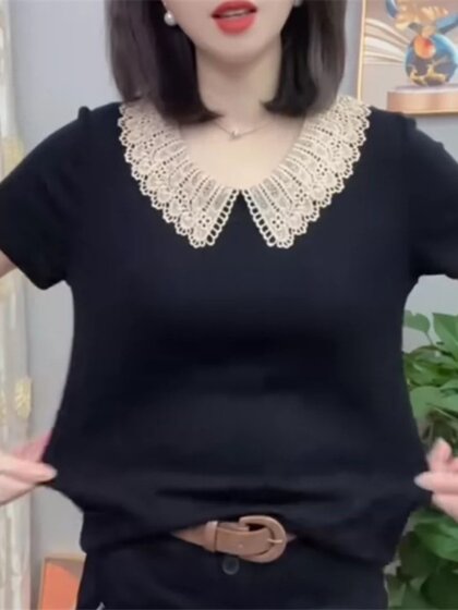 夏季新款洋气减龄花边娃娃领短袖t恤女显瘦宽松大码女装妈妈小衫