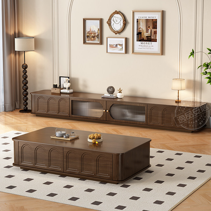 Шкаф для телевизора из цельного дерева в гостиной, новая мебель в средневековом стиле 2025 года, высококачественное сочетание журнального столика от пола до потолка в небольшой квартире
