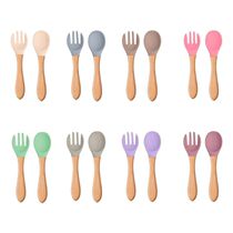 Baby Tableware Kids Wooden Spoon Fork Set Childrens Silicon