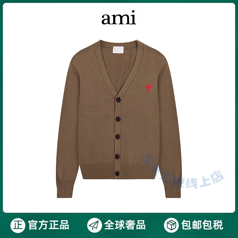 [Official Website Authentic] Ami Heart Embroidery V-Neck Cardigan Sweater Loose Casual Long-Sleeve Knitwear Jacket for Men and Women