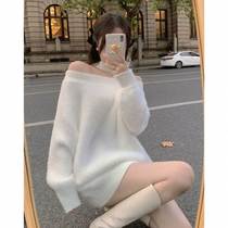 Woven one-shoulder collar womens coat with guard hair exposed 202 autumn and winter new style soft and waxy lower body missing outer sweater