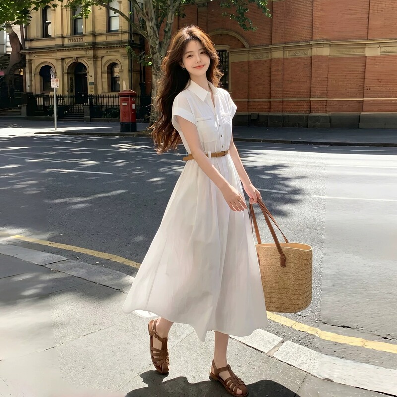 Korean Style Simple Short-Sleeved Shirt Dress for Women, Summer Waist-Cinching Slimming Long Style, Elegant Commuter Blue and White Shirt Dress