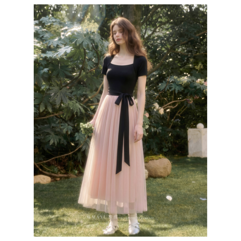 |Moan|French-Style Dress 2026 Summer New Pink Ballet-Style Patchwork Short-Sleeve Tie-Up Mesh Long Dress |Moan|French-Style Dress 2026 Summer New Pink Ballet-Style Patchwork Short-Sleeve Tie-Up Mesh Long Dress