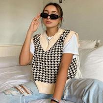 European and American ins style street houndstooth pattern loose V-neck slim sleeveless woolen vest versatile color matching warm top